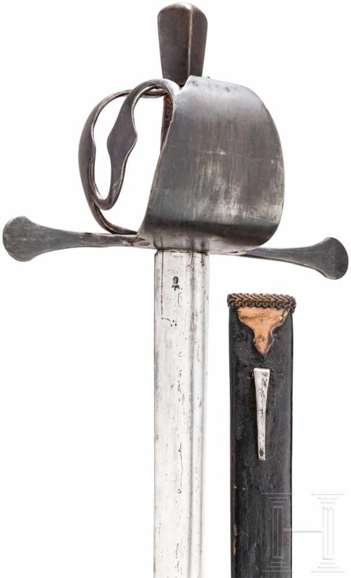 Militärisches Korbschwert mit Scheide, steirisch, Ende 16. Jhdt.Beidseitig doppelt gekehlte, - Bild 3 aus 4