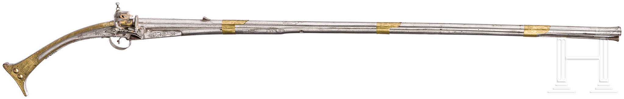 Miqueletgewehr, Albanien, um 1800Achtkantiger, in rund übergehender, glatter Lauf im Kaliber 16 mm