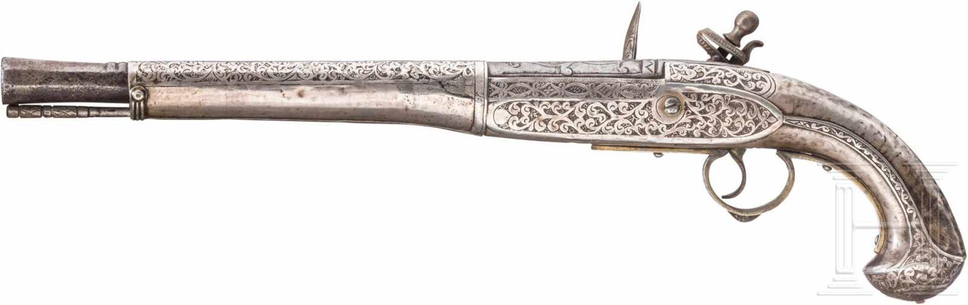 Silbermontierte Steinschlosspistole, balkantürkisch, 19. Jhdt.Runder, an der Mündung achtkantig - Bild 2 aus 2