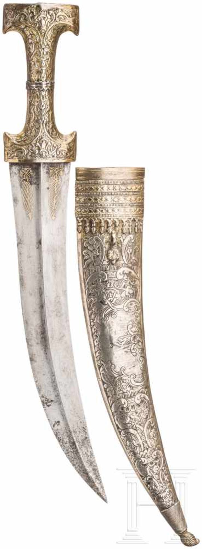 Großer, silbermontierter Kandschar, osmanisch, 2. Hälfte 18. Jhdt.Zweischneidige, leicht gekrümmte - Bild 3 aus 4