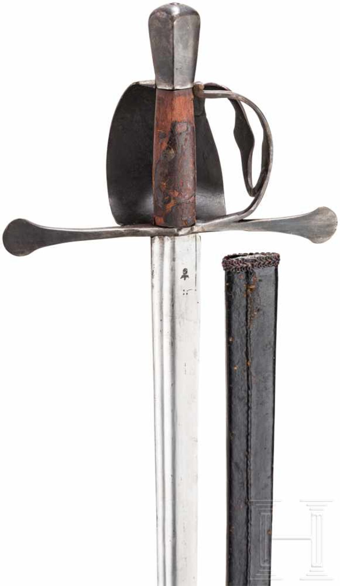 Militärisches Korbschwert mit Scheide, steirisch, Ende 16. Jhdt.Beidseitig doppelt gekehlte, - Bild 4 aus 4