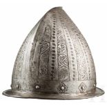 Schützenhaube, deutsch, um 1600Einteilig geschlagene Kalotte mit kleiner, nach hinten geneigter