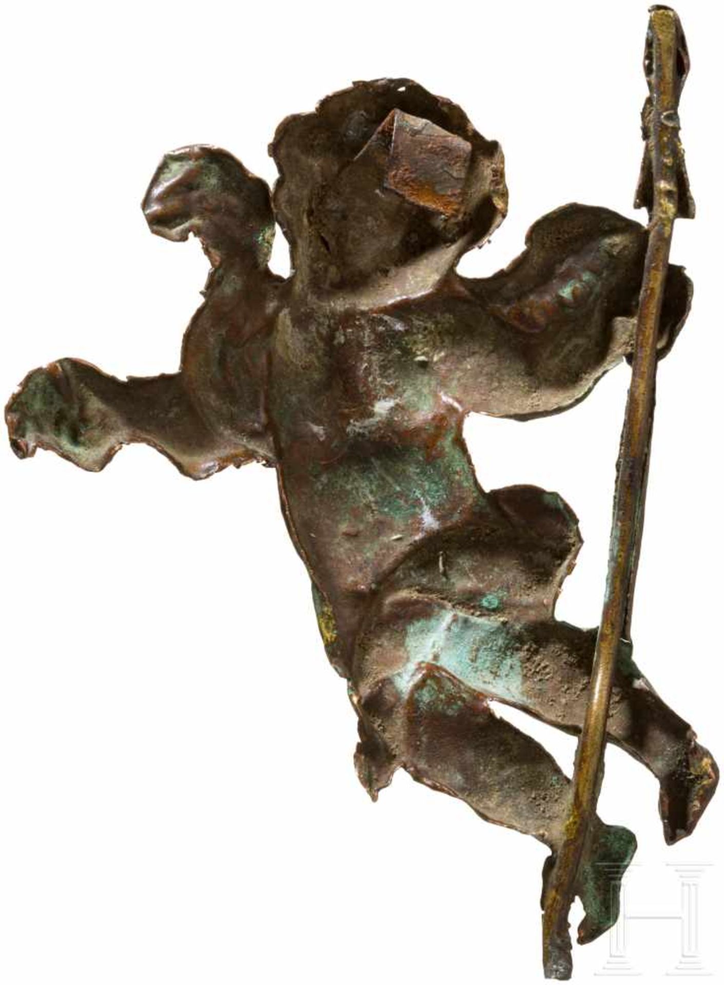 Kleiner, vergoldeter Putto, Italien, 16./17. Jhdt.Halbplastisch getriebener, geflügelter Putto aus - Bild 2 aus 2