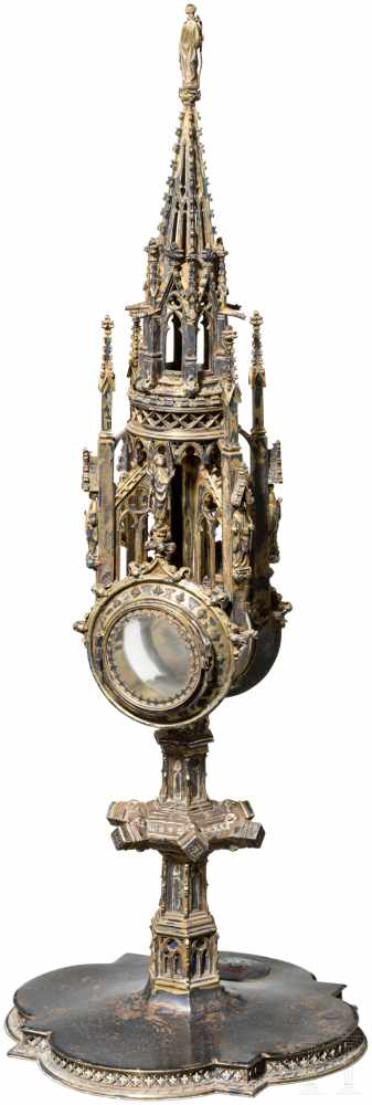Silberne, vergoldete Monstranz, Frankreich, Historismus im Stil des 15. Jhdts.Turmförmiger, - Image 2 of 6