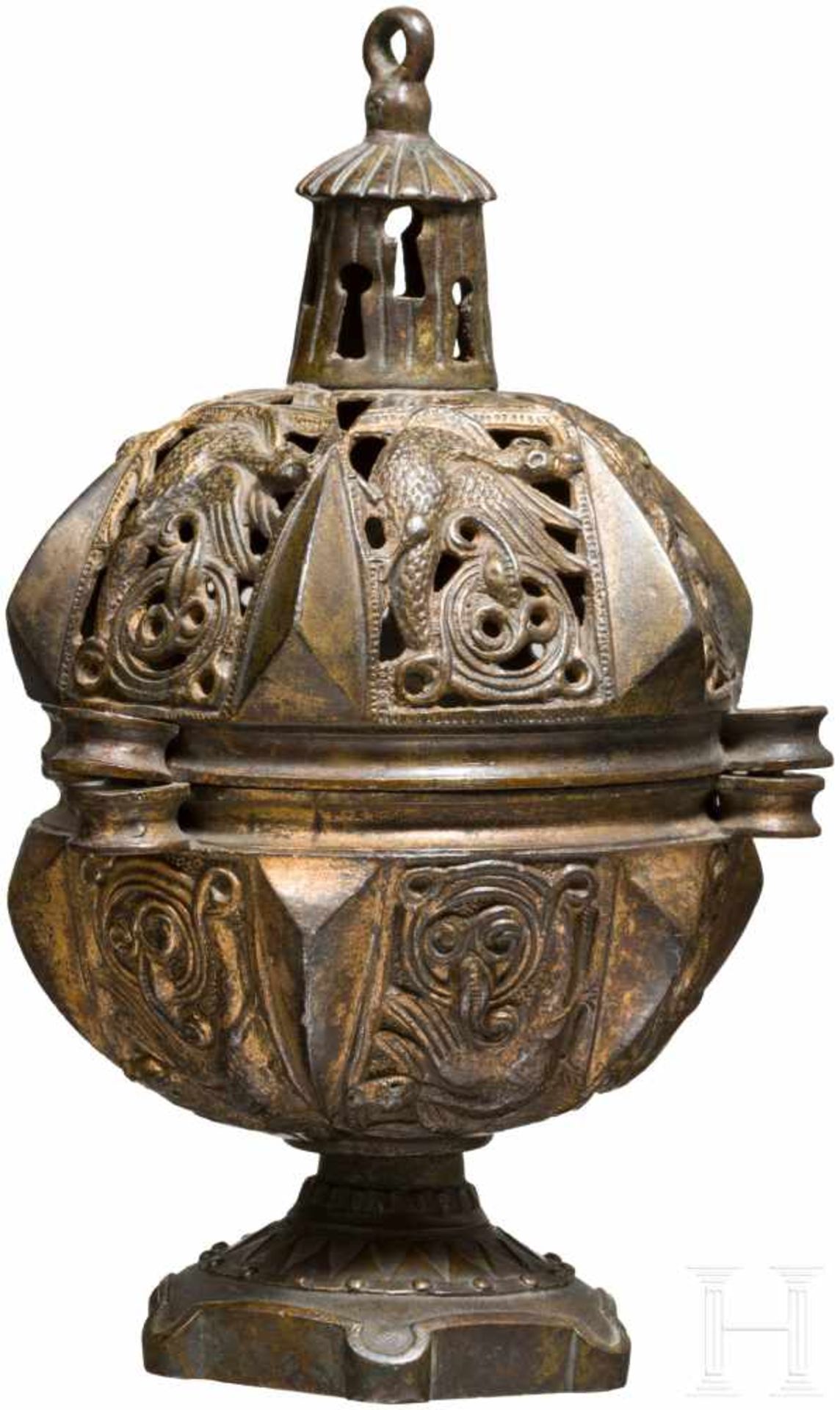 Weihrauchschwenker, Historismus im romanischen Stil des 12. Jhdts.Bronze mit Resten von - Bild 2 aus 2