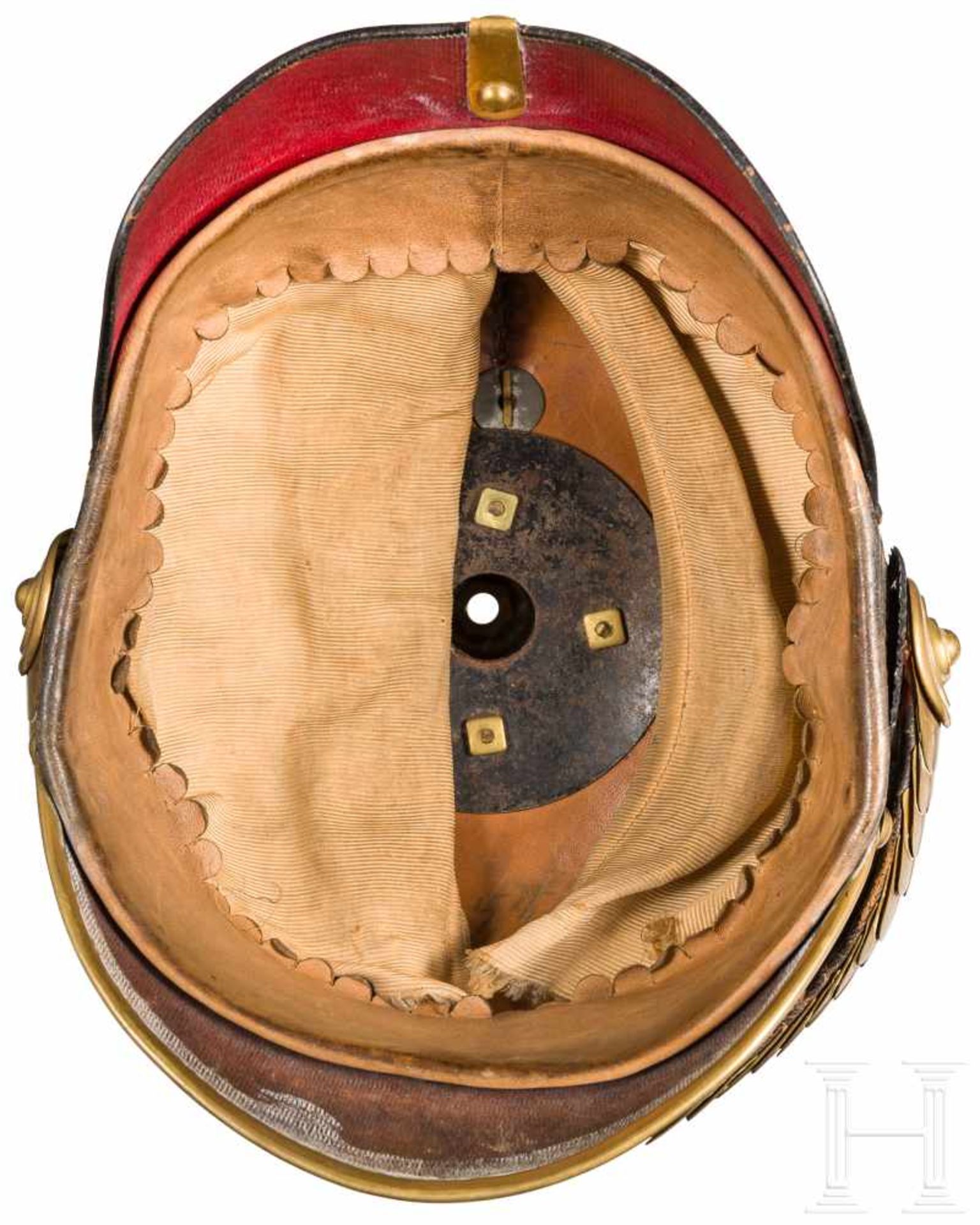 Helm für Mannschaften der Garde-Infanterie, ab 1897Schwarz lackierte Lederglocke (krakeliert, kleine - Bild 3 aus 3