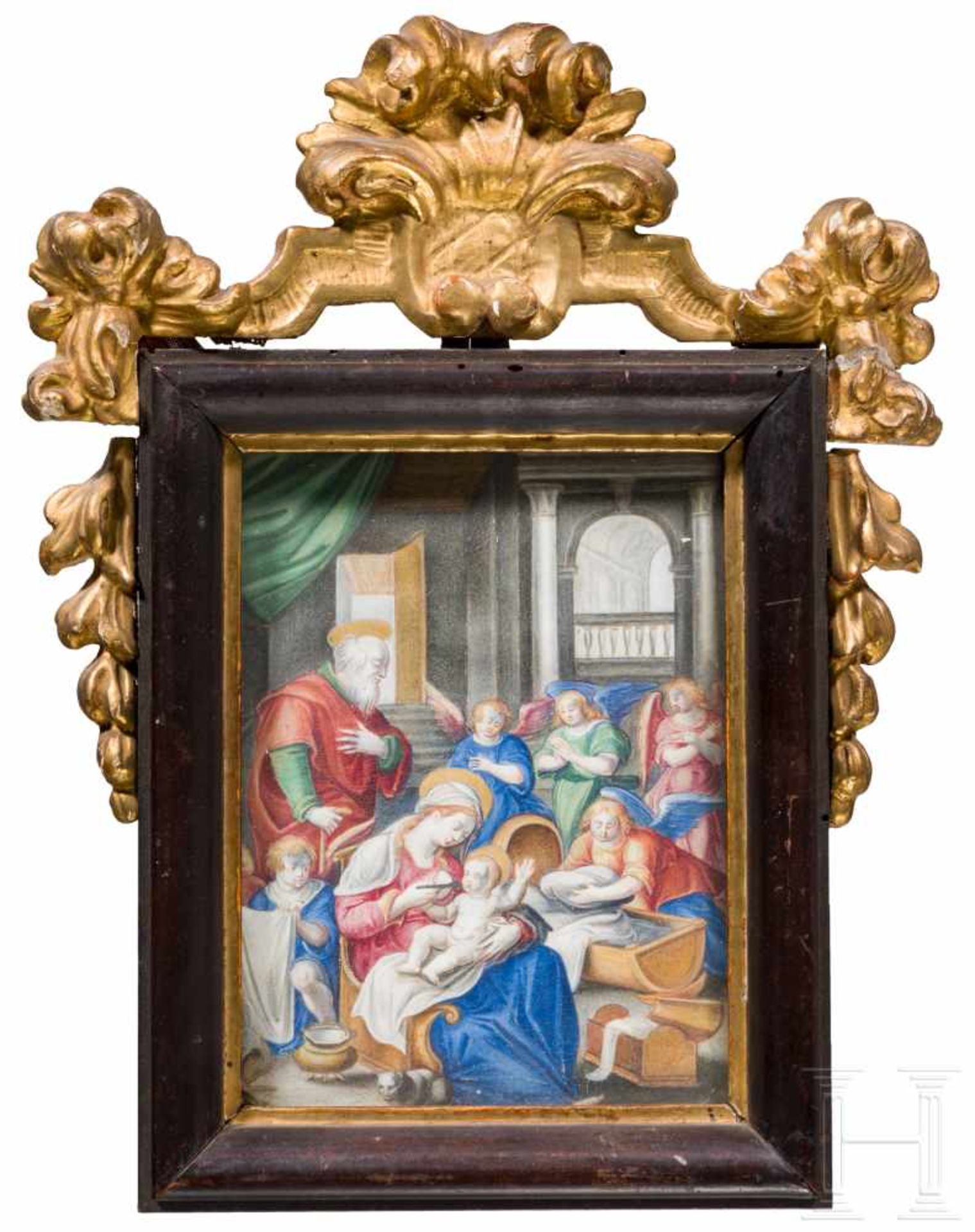 Barockrahmen mit Gemälde der Heiligen Familie, Frankreich, 18. Jhdt.Auf Pergament mehrfarbig und