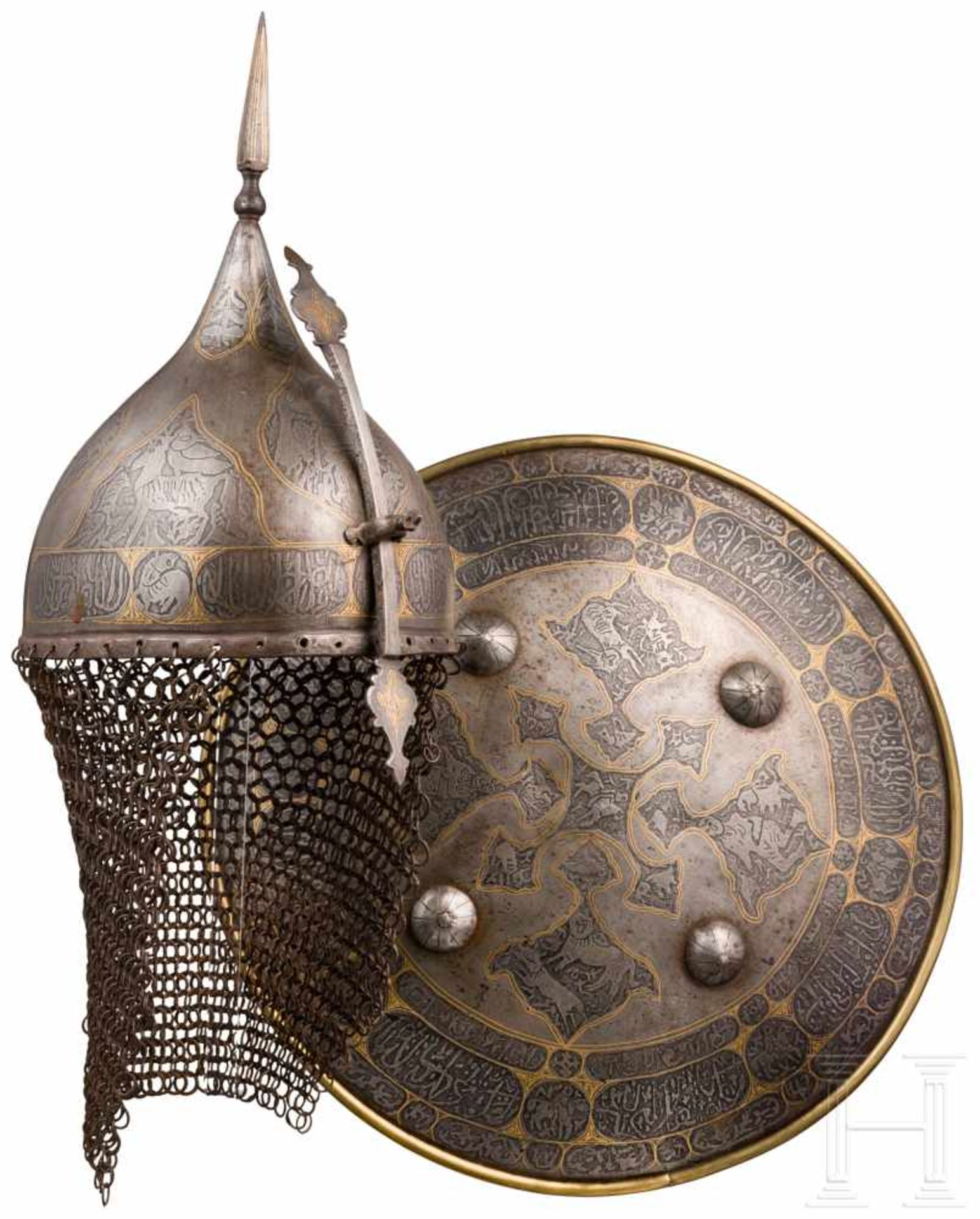 Geätztes und goldtauschiertes Rüstungsset, Persien, um 1900Helm mit einteilig geschlagener, spitz
