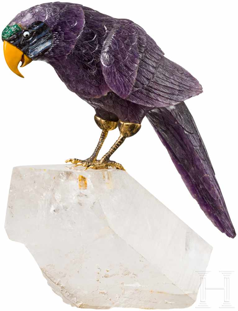 Papageienskulptur, Frankreich, 20. Jhdt.Fein geschnittene Skulptur eines sitzenden Papageis aus - Image 2 of 3