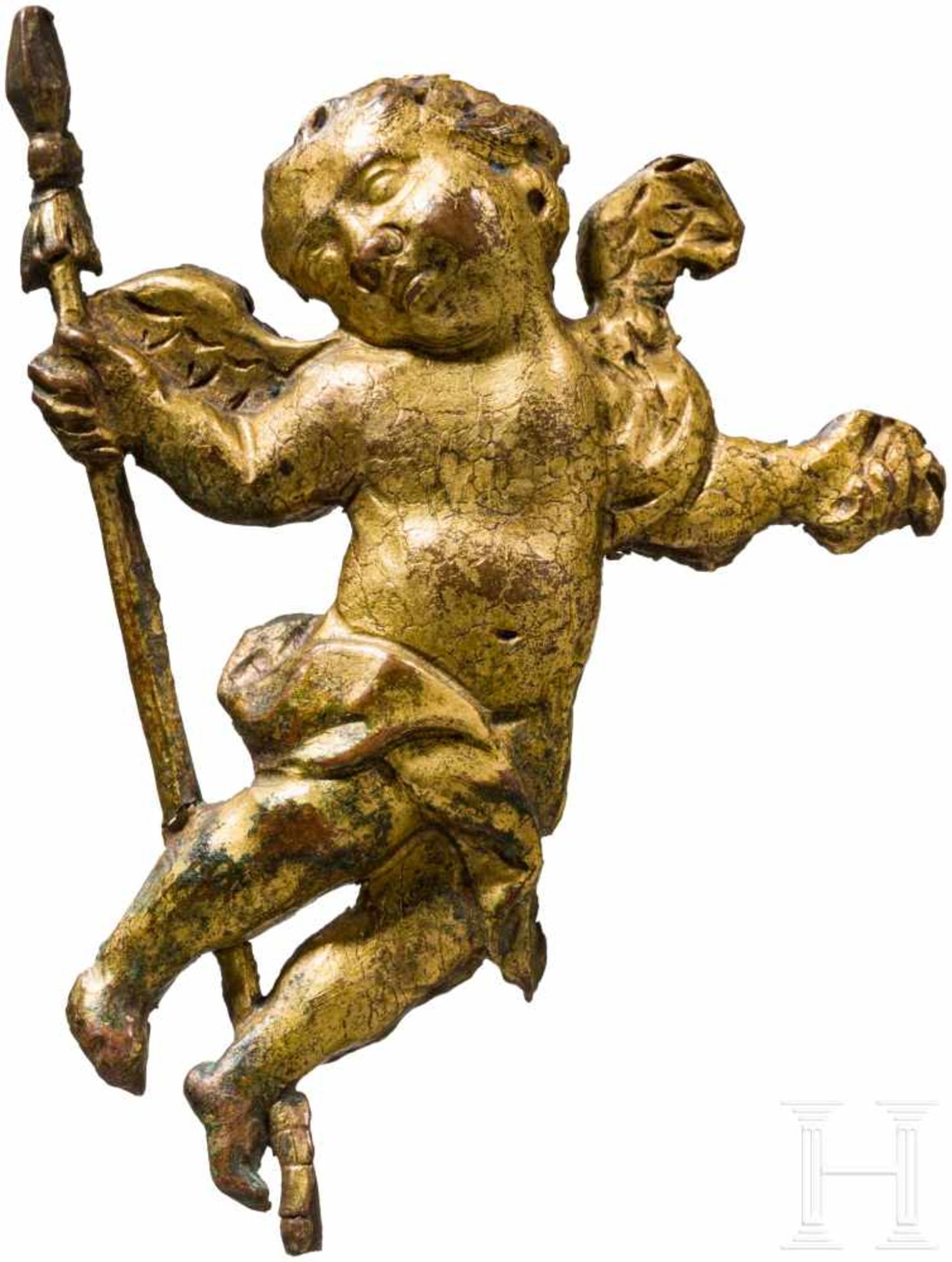 Kleiner, vergoldeter Putto, Italien, 16./17. Jhdt.Halbplastisch getriebener, geflügelter Putto aus