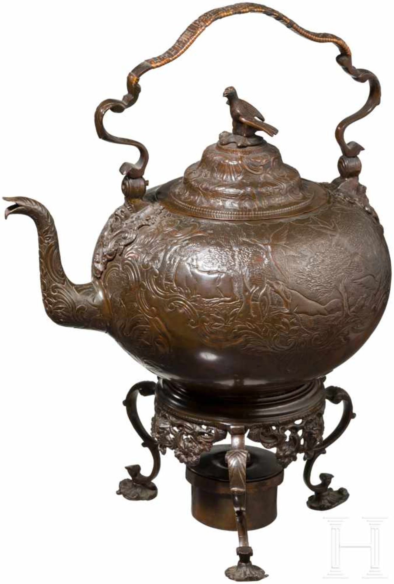 Teekanne, Frankreich, 19. Jhdt.Bauchige Teekanne aus innenseitig verzinntem Kupfer, vollflächiger, - Bild 2 aus 3