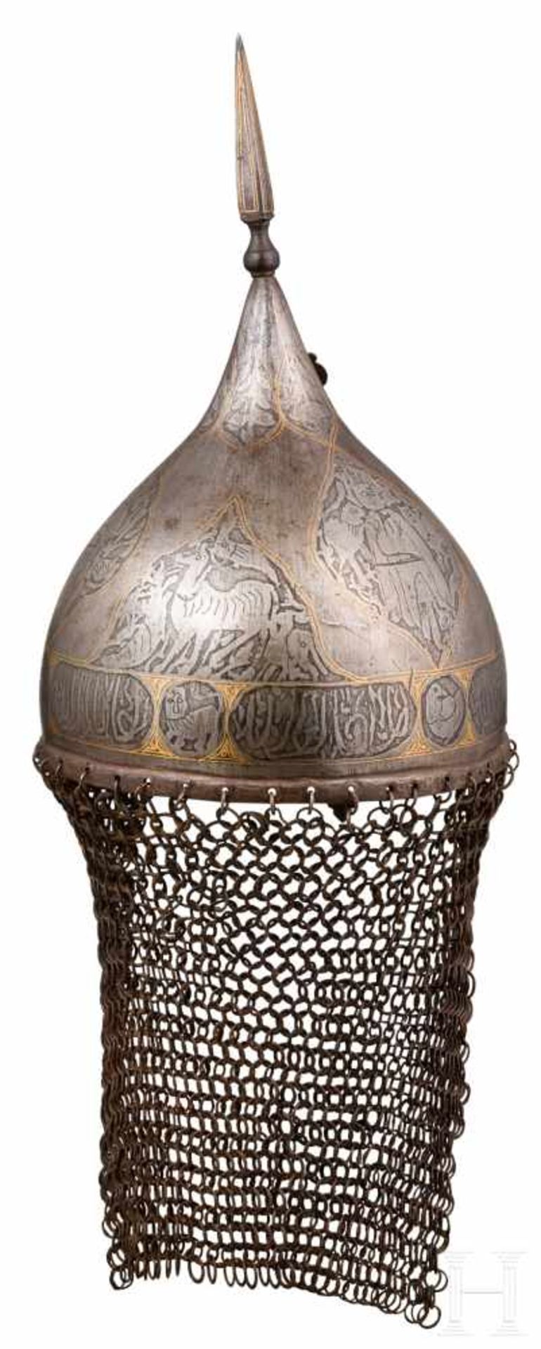Geätztes und goldtauschiertes Rüstungsset, Persien, um 1900Helm mit einteilig geschlagener, spitz - Bild 3 aus 5