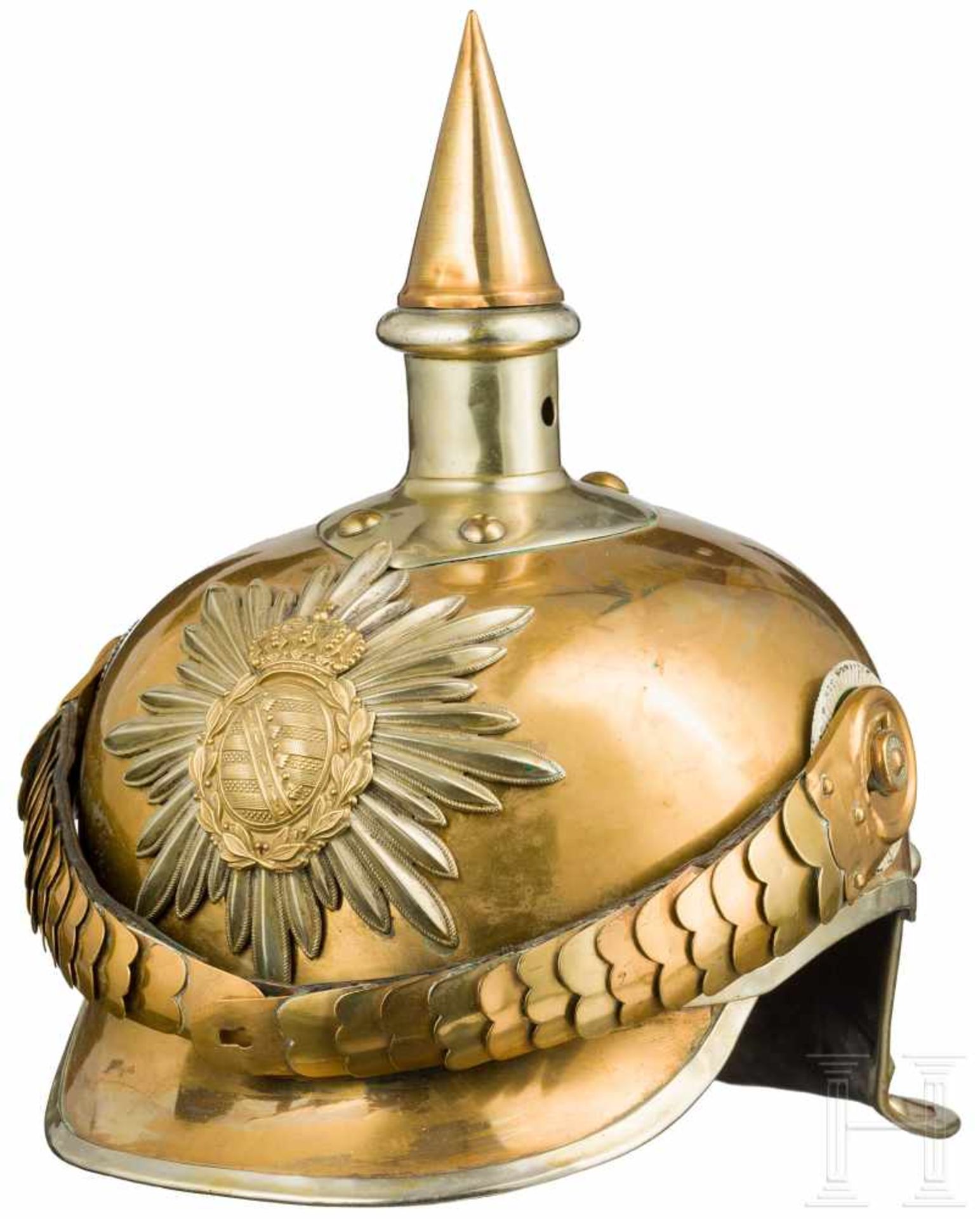 Helm für Mannschaften der sächsischen Garde-Kavallerie, datiert 1915Tombakglocke, hinten gegratet, - Bild 2 aus 4