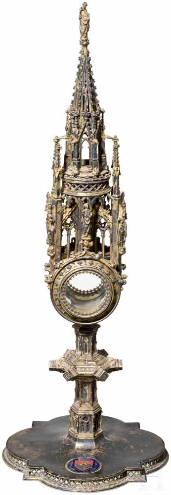 Silberne, vergoldete Monstranz, Frankreich, Historismus im Stil des 15. Jhdts.Turmförmiger,