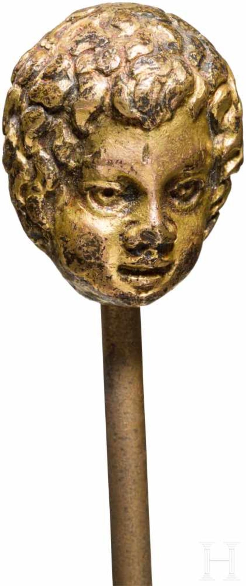 Vergoldetes Janus-Köpfchen, Italien, 17./18. Jhdt.Plastischer Kopf aus vergoldeter Bronze mit - Bild 3 aus 3