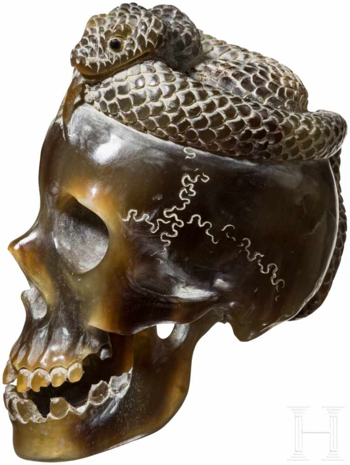 Memento-Mori-Schädel, 20. Jhdt.Detailliert geschnitzter Schädel aus Horn mit durchbrochen - Bild 2 aus 2