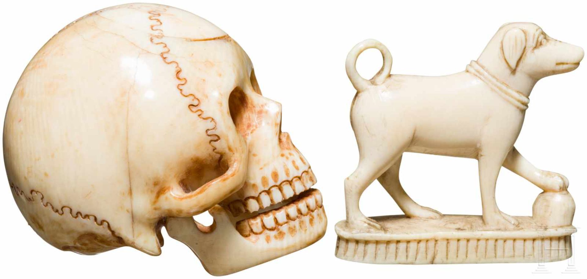 Memento-Mori-Schädel, 19. Jhdt.Detailliert aus Elfenbein naturalistisch geschnitzter, mehrteiliger - Bild 2 aus 3