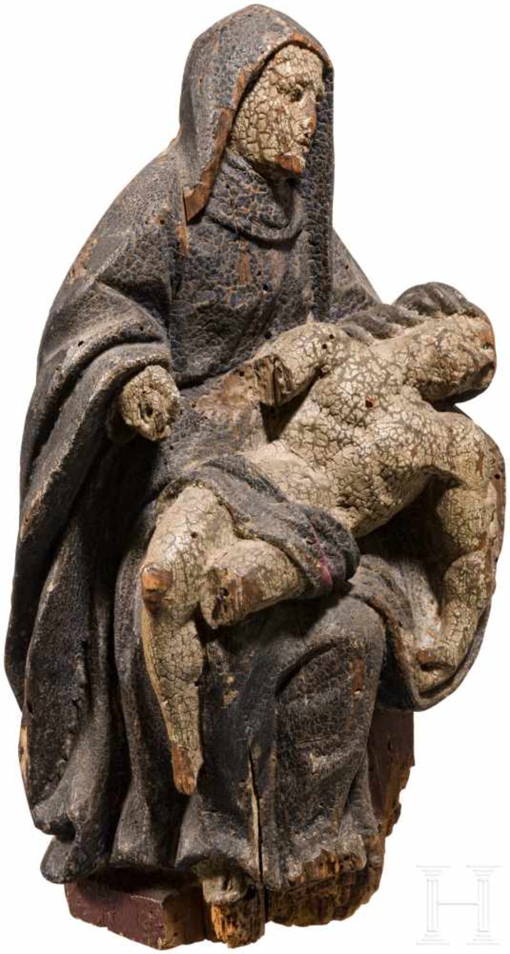 Pietà, Zentralfrankreich, 17. Jhdt.Einteilig aus Lindenholz geschnitzte Figur der sitzenden Maria, - Bild 2 aus 3