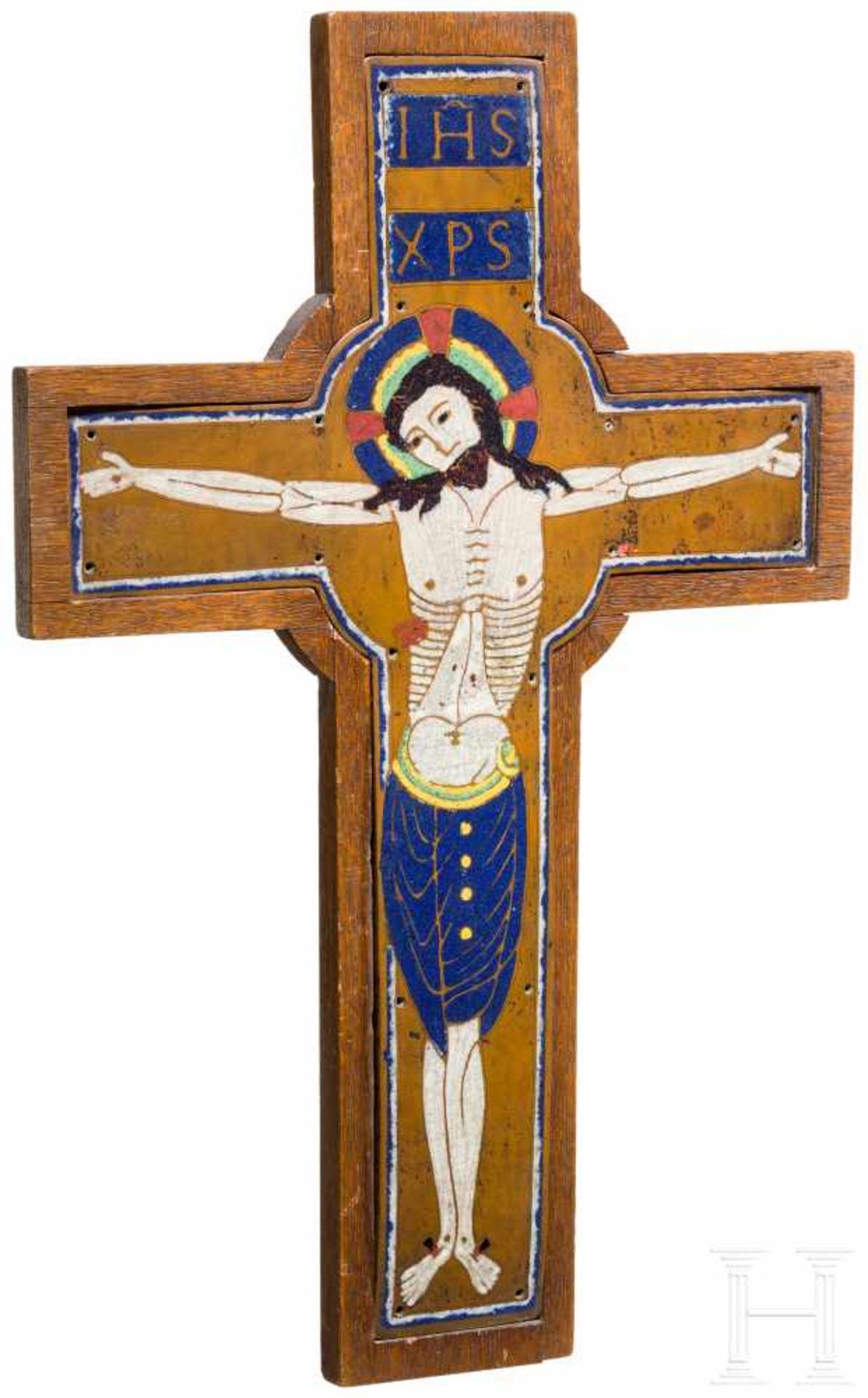 Emailliertes Kreuz, Limoges, um 1900Großes, einseitig mehrfarbig emailliertes und leicht - Bild 3 aus 3