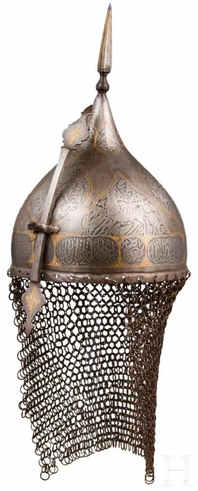 Geätztes und goldtauschiertes Rüstungsset, Persien, um 1900Helm mit einteilig geschlagener, spitz - Bild 2 aus 5