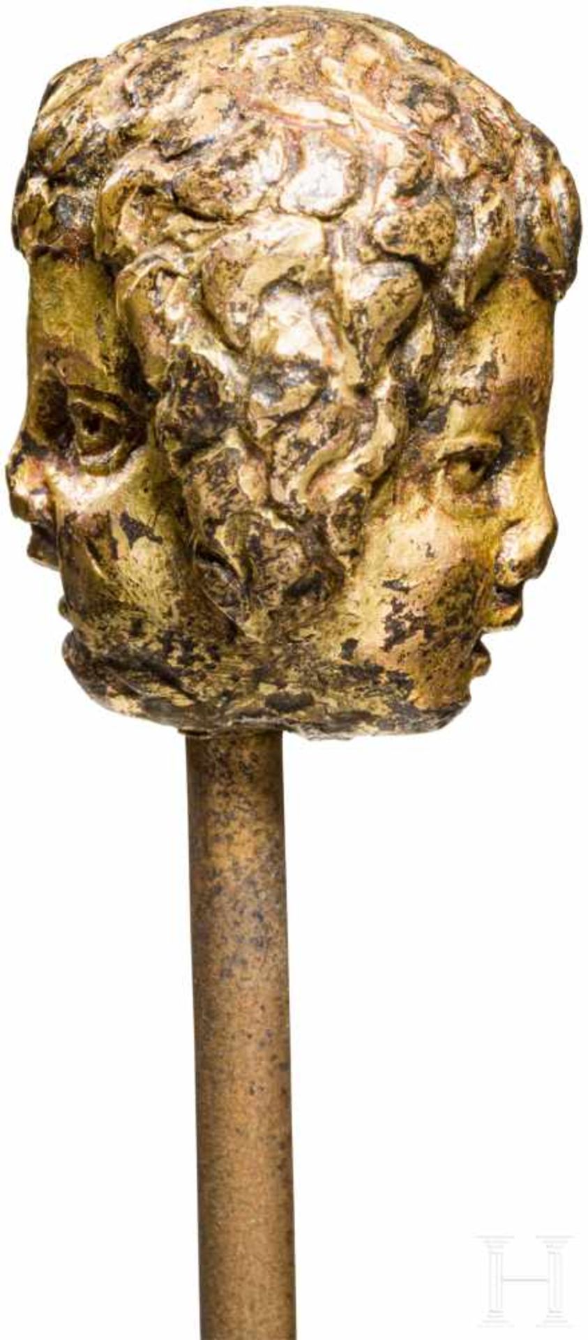 Vergoldetes Janus-Köpfchen, Italien, 17./18. Jhdt.Plastischer Kopf aus vergoldeter Bronze mit - Bild 2 aus 3