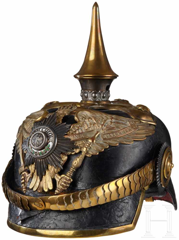 A Prussian Officer 1st Guard Dragoon HelmetBlack leather body with gilt front visor trim (loose);