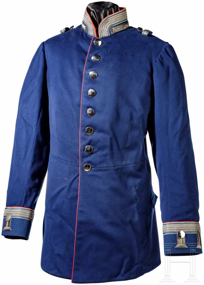 Waffenrock für Offiziere im Garde-Kürassier-Regiment und Teller, um 1900Feines, dunkelblaues Tuch