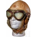 A Japanese Pilot Flight Helmet and GogglesLight brown leather body, stitched star in circle at