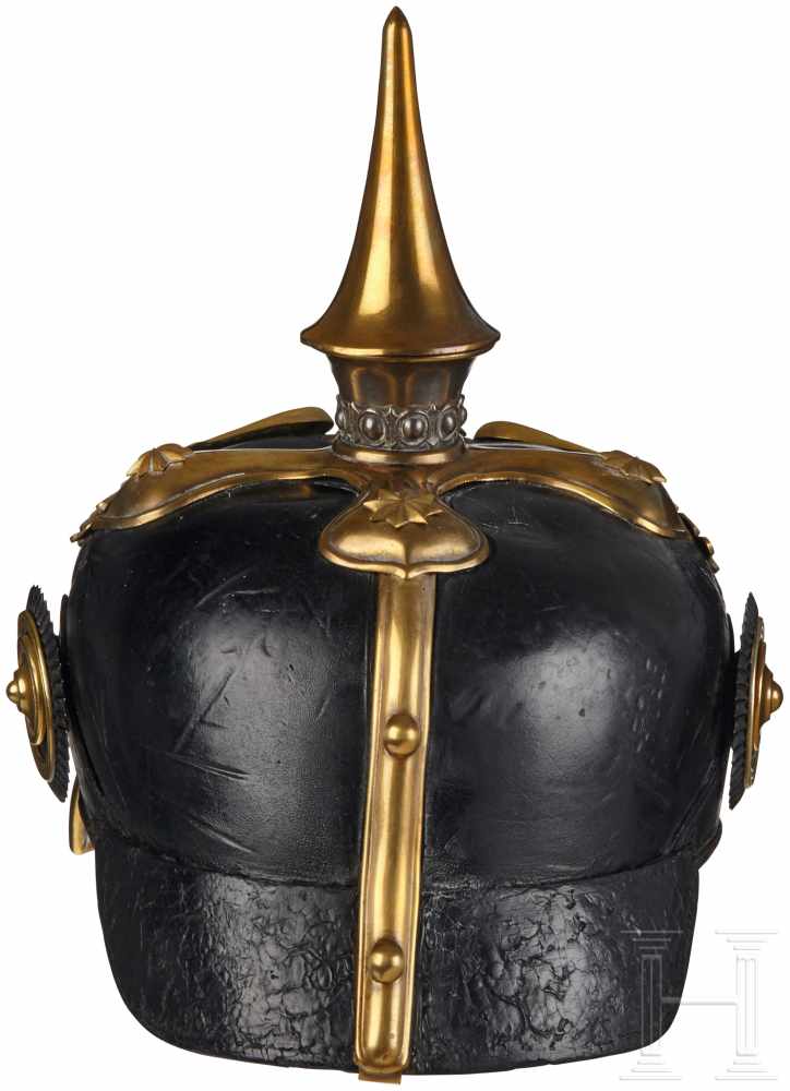 A Prussian Officer 1st Guard Dragoon HelmetBlack leather body with gilt front visor trim (loose); - Image 6 of 6