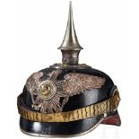 A Prussian Officer Guard Pioneer Spiked HelmetBlack leather: body, front visor with green underlay