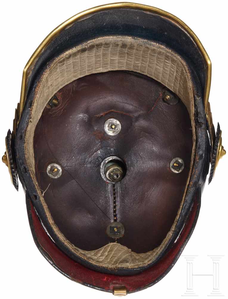 A Prussian Officer 1st Guard Dragoon HelmetBlack leather body with gilt front visor trim (loose); - Image 4 of 6