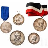 Fünf Schießpreis-MedaillenÜberwiegend aus Silber, verschiedene Ausführungen, Herrscherbildnis (