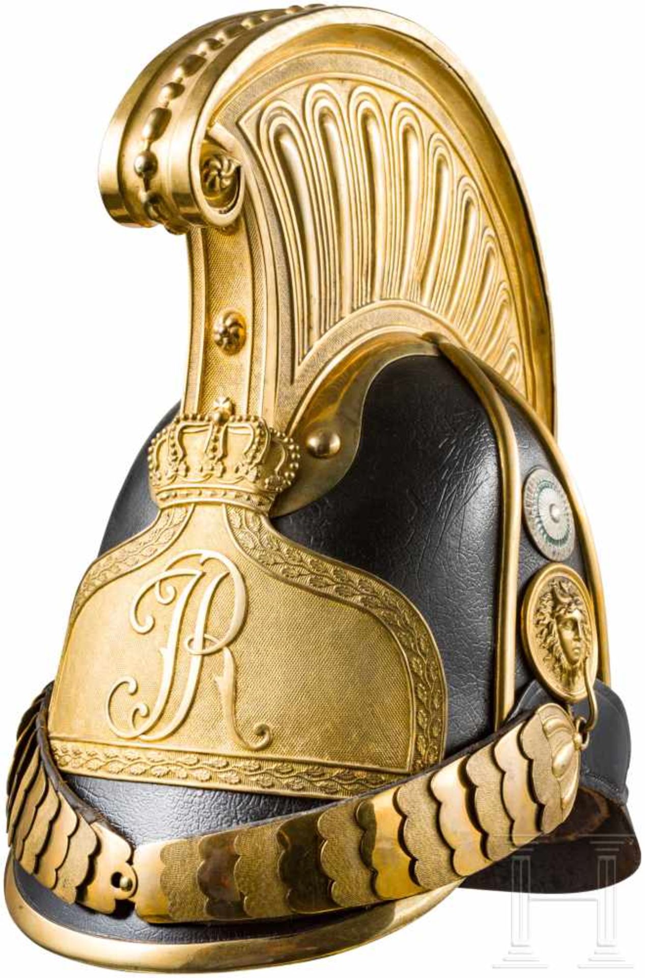 Helm M 1849 für Offiziere der Reiter-RegimenterKorpus, Vorder- und Hinterschirm aus derbem,