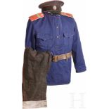 A NCO Uniform and Visor Cap of the Air ForceBlue woollen gymnastyorka style tunic, black trousers,