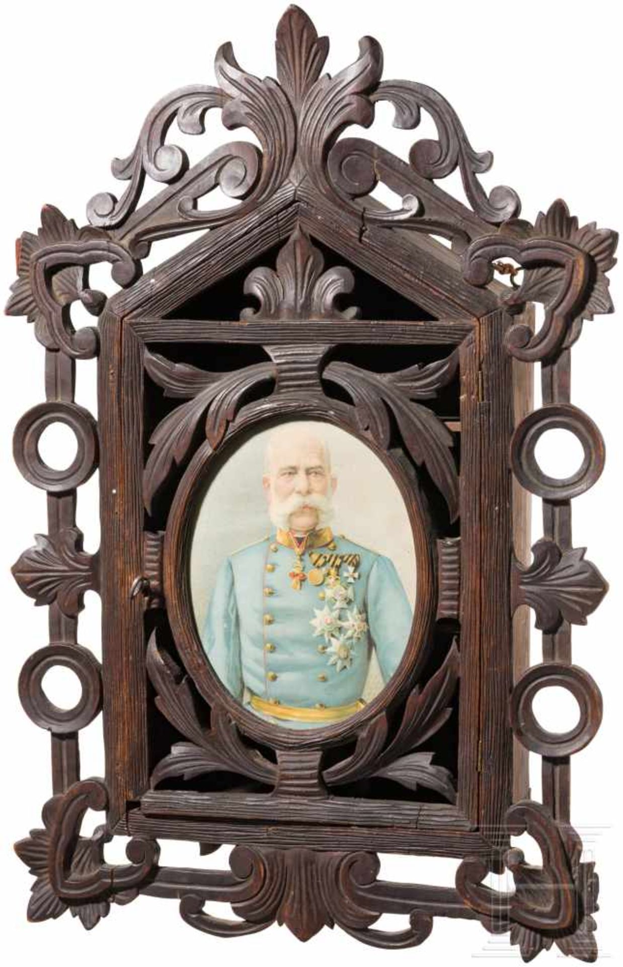 Kaiser Franz Joseph I. - holzgeschnitztes Wandkästchen mit KaiserportraitDunkel gefasstes Holz,