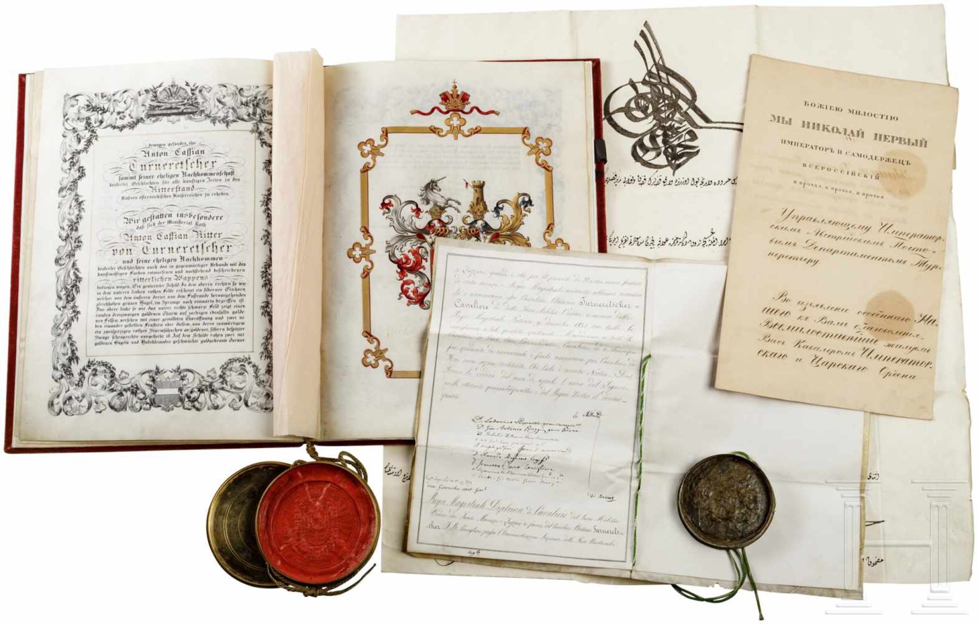 Kaiser Franz Joseph I. - Adelsdiplom von 1854 und Dokumente zur Familie TurneretscherAchtseitige