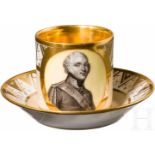 Kaffeetasse mit handgemaltem Portrait des Zaren Alexander I., komplett mit Untertasse, russische