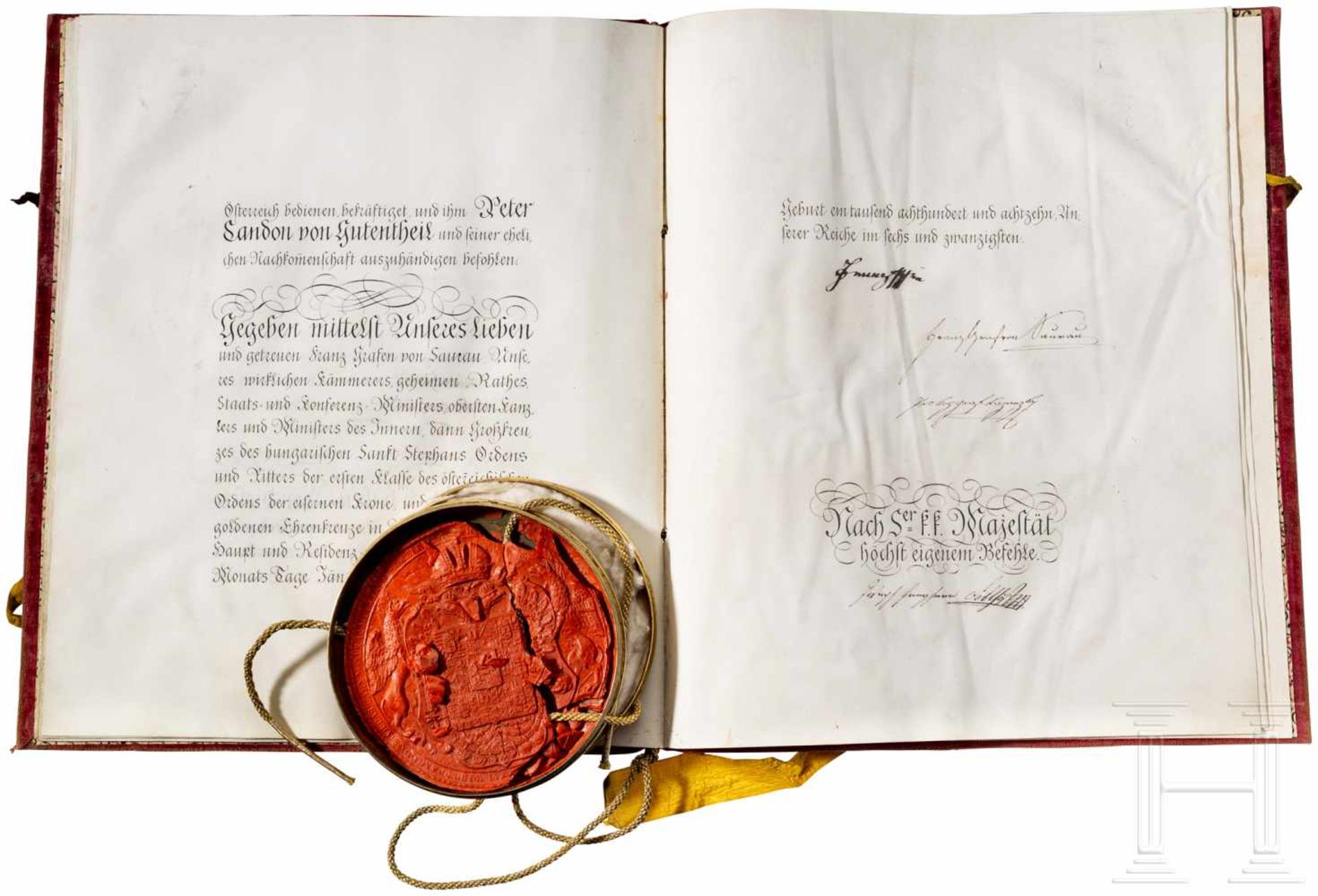 Kaiser Franz I. - Adelsdiplom aus dem Jahr 1818Pergamenturkunde mit 14 kalligraphischen Textseiten