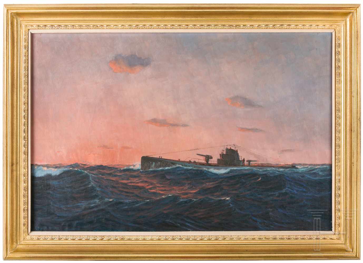 R. Schmitt - Deutsches U-Boot in stürmischer SeeÖl auf feiner Leinwand, links unten signiert "R.