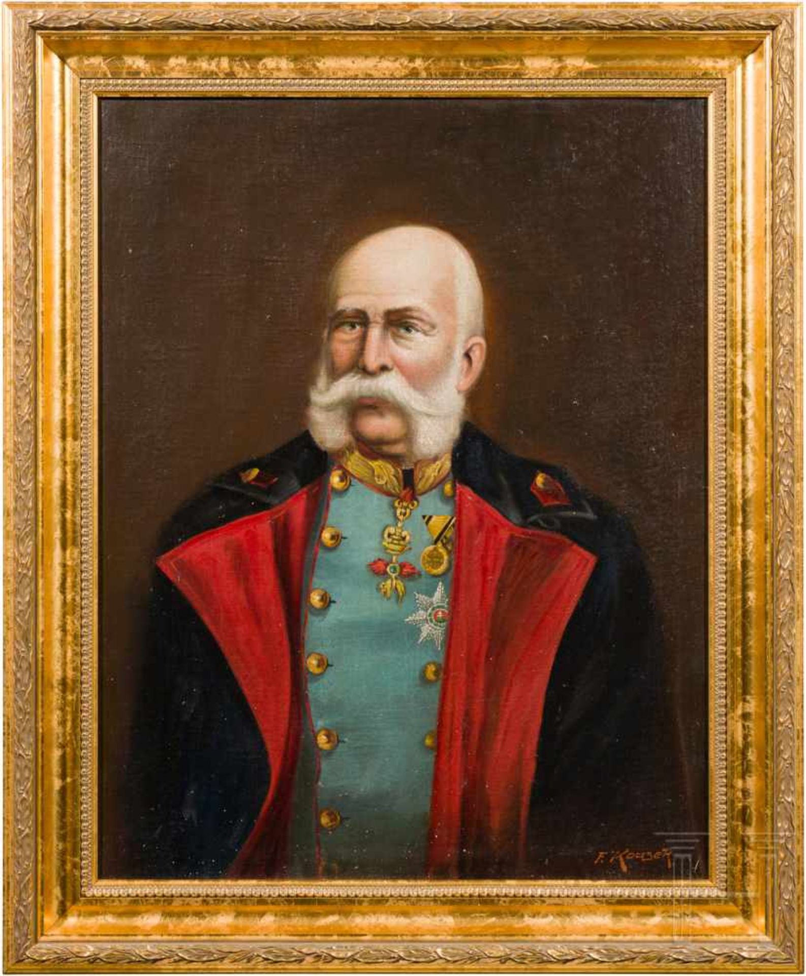 Kaiser Franz Joseph I. - PortraitgemäldeÖl auf Leinwand und erneuertem Keilrahmen, doubliert. Rechts