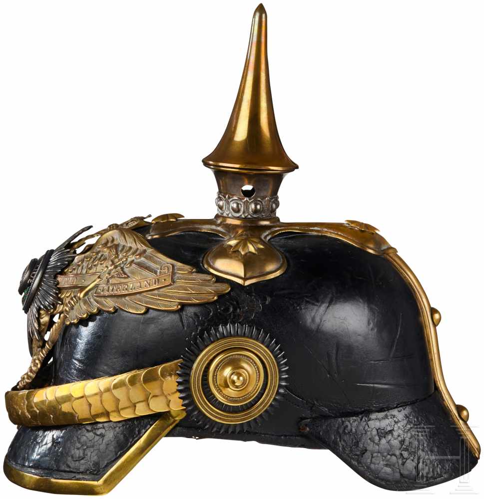 A Prussian Officer 1st Guard Dragoon HelmetBlack leather body with gilt front visor trim (loose); - Image 5 of 6