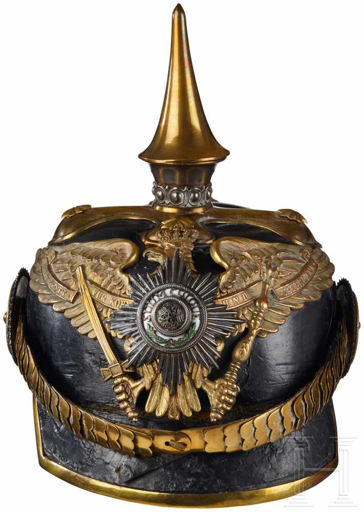 A Prussian Officer 1st Guard Dragoon HelmetBlack leather body with gilt front visor trim (loose); - Image 2 of 6