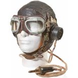 An RAF Flight Helmet and GogglesType C wired helmet, dark brown leather, inside label marked "size