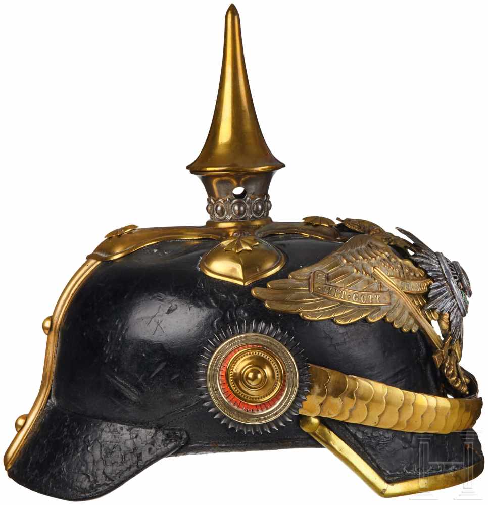 A Prussian Officer 1st Guard Dragoon HelmetBlack leather body with gilt front visor trim (loose); - Image 3 of 6