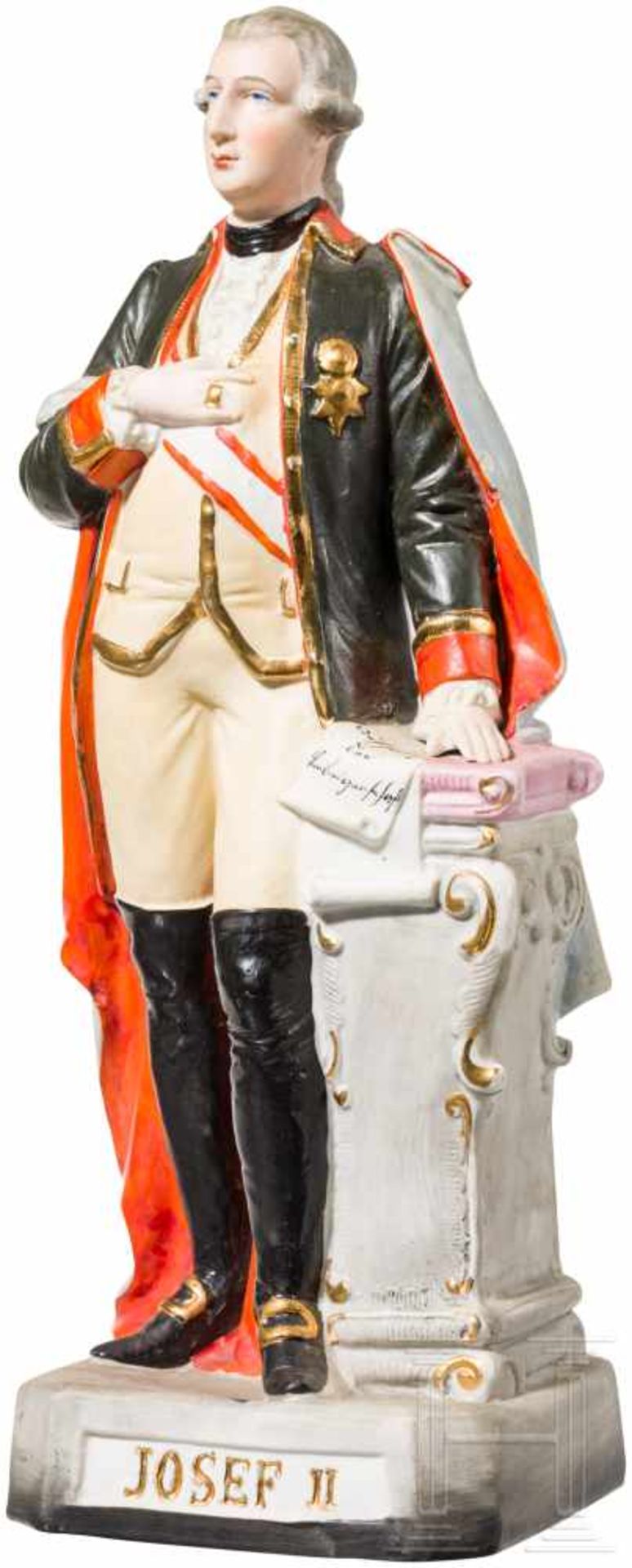 Kaiser Joseph II. - farbig gefasste KeramikfigurDer Kaiser in Uniform mit Umhang und Orden, die