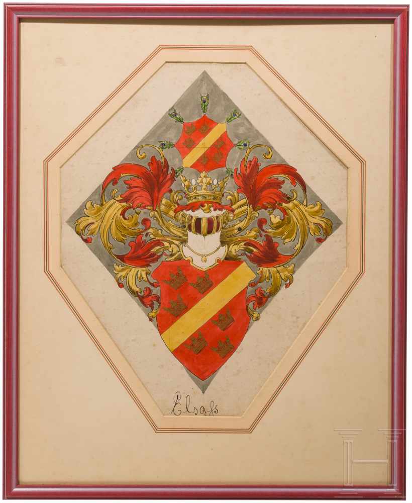 Ernst Krahl (1858 - 1923) - Wappen ElsassAquarell auf Papier. Elsässer Wappenschild unter