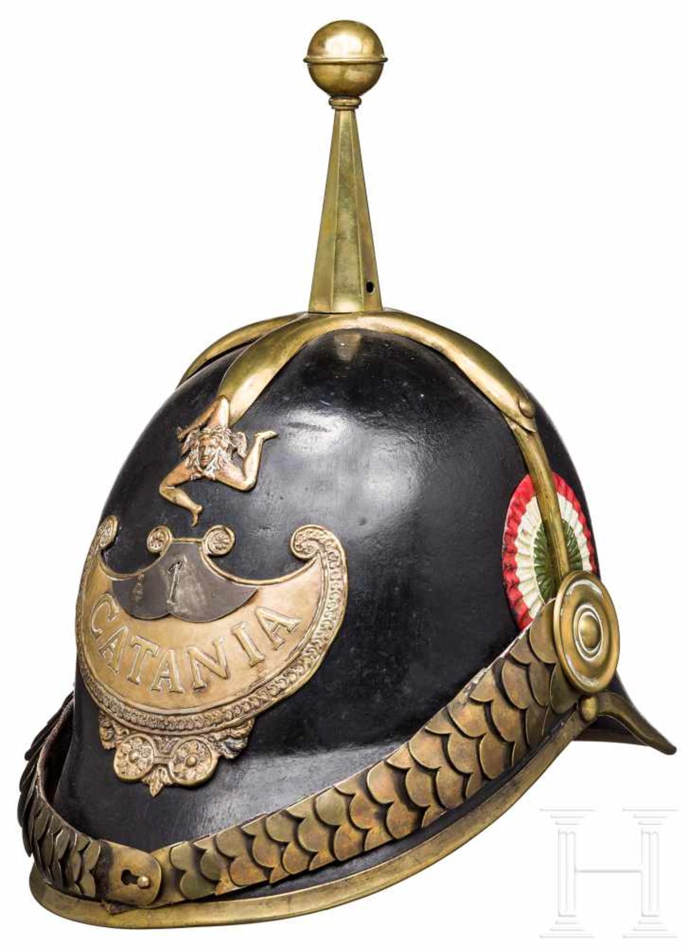 Helm für Mannschaften der "Guardia Civica Catania", um 1848Schwarz lackierter Filzkorpus mit ehemals