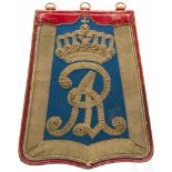 Säbeltasche für Offiziere im Husaren-Regiment Nr. 18, um 1900Rotes Leder, kornblumenblauer Tuchbezug