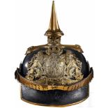 A Bavarian Officer Infantry HelmetBlack leather body with gilt front visor trim; green interior