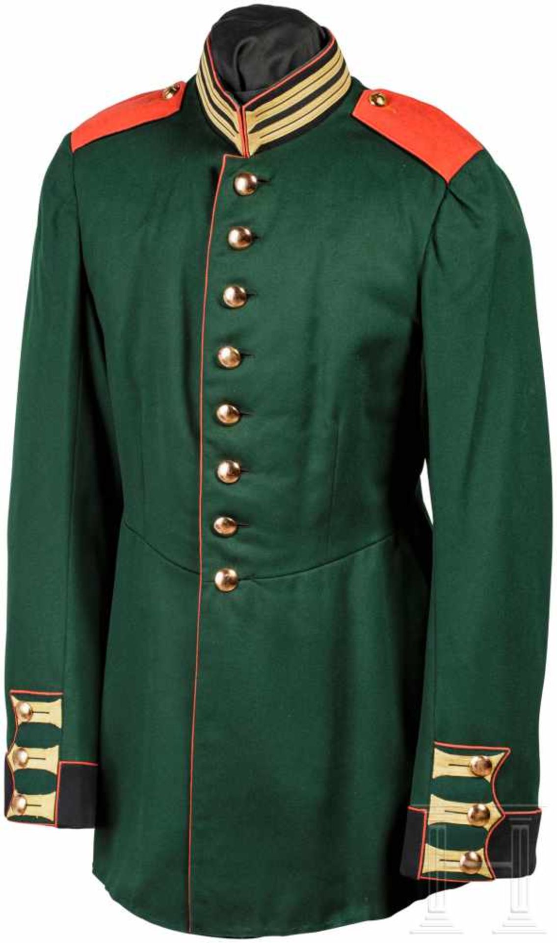 Waffenrock für Mannschaften im Garde-Schützen-BataillonJägergrünes Tuch mit roten Vorstößen,